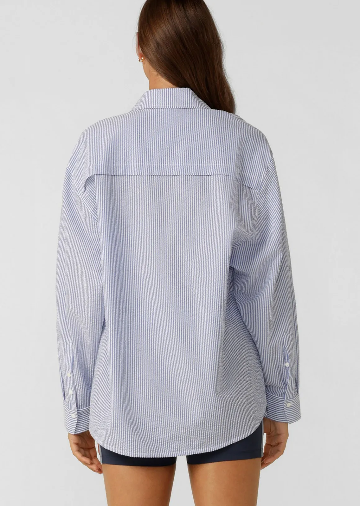 Lorna Jane Country Club Seersucker Shirt BlueStripe Discount