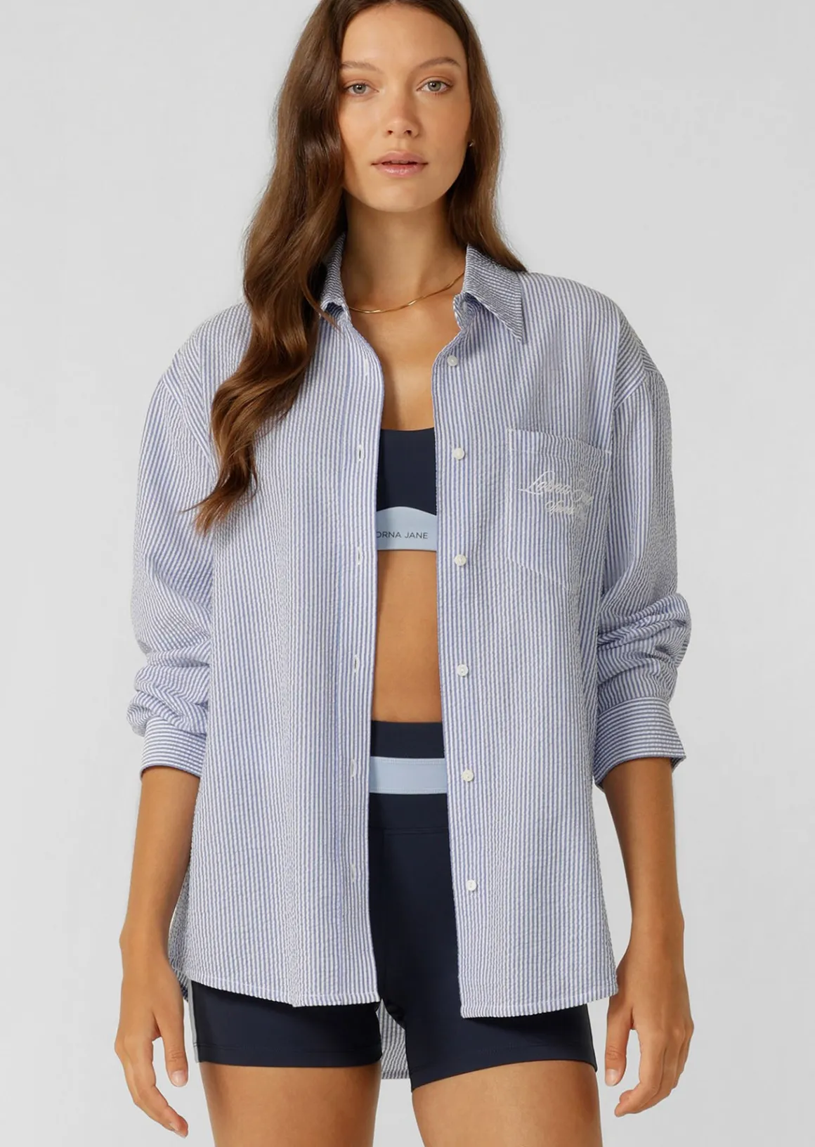 Lorna Jane Country Club Seersucker Shirt BlueStripe Discount