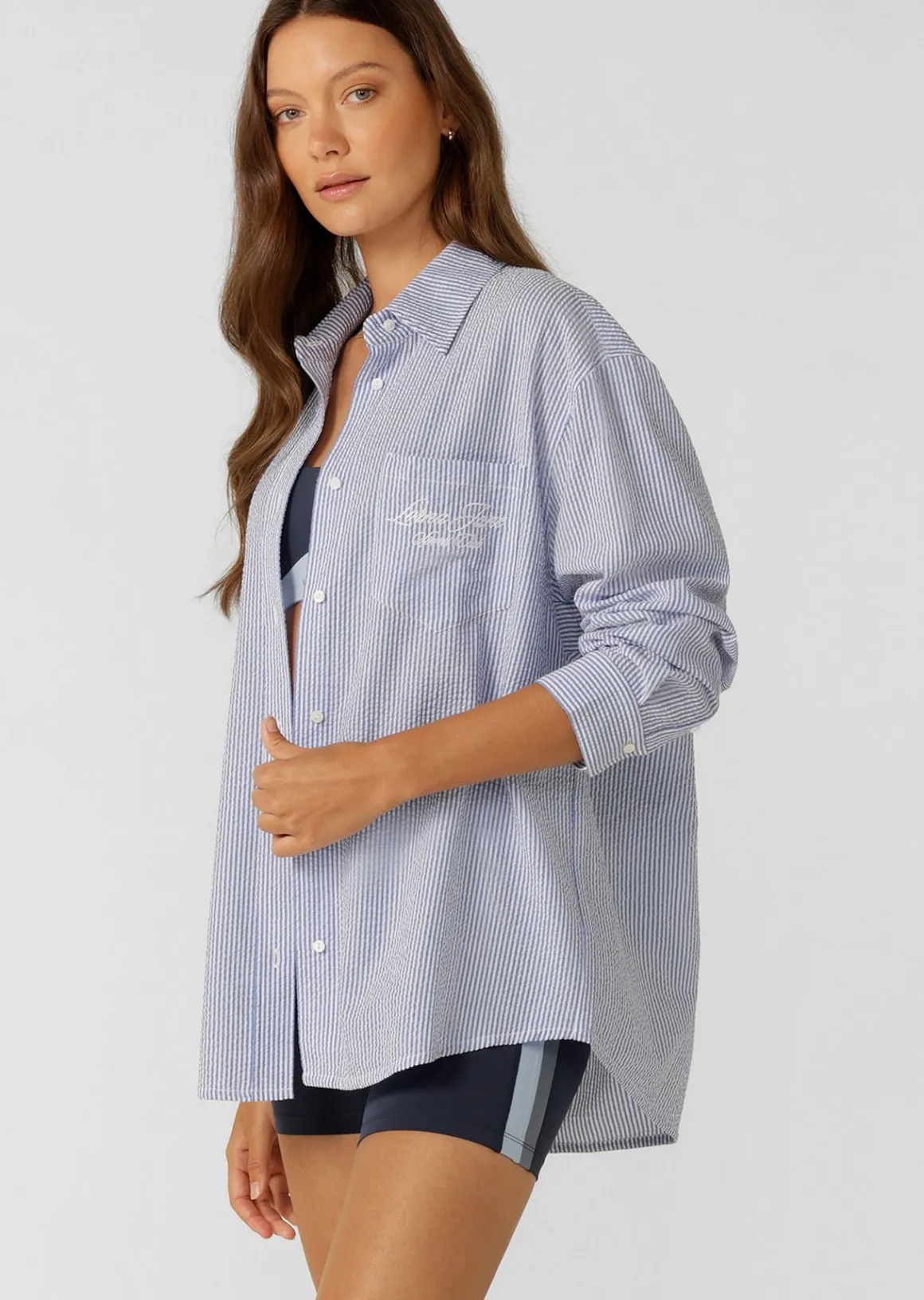 Lorna Jane Country Club Seersucker Shirt BlueStripe Discount
