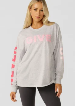 Lorna Jane Never Give Up Long Sleeve Relaxed Tee LightGreyMarl