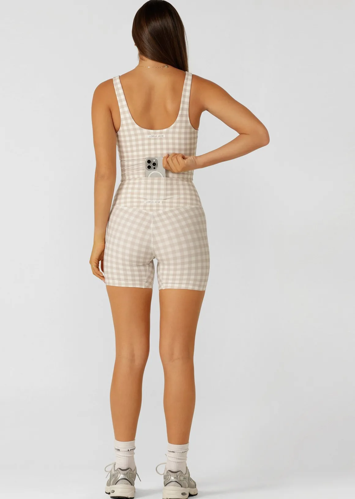 Lorna Jane Sweet Gingham 14cm Bike Shorts LatteRanchGinghamPrint