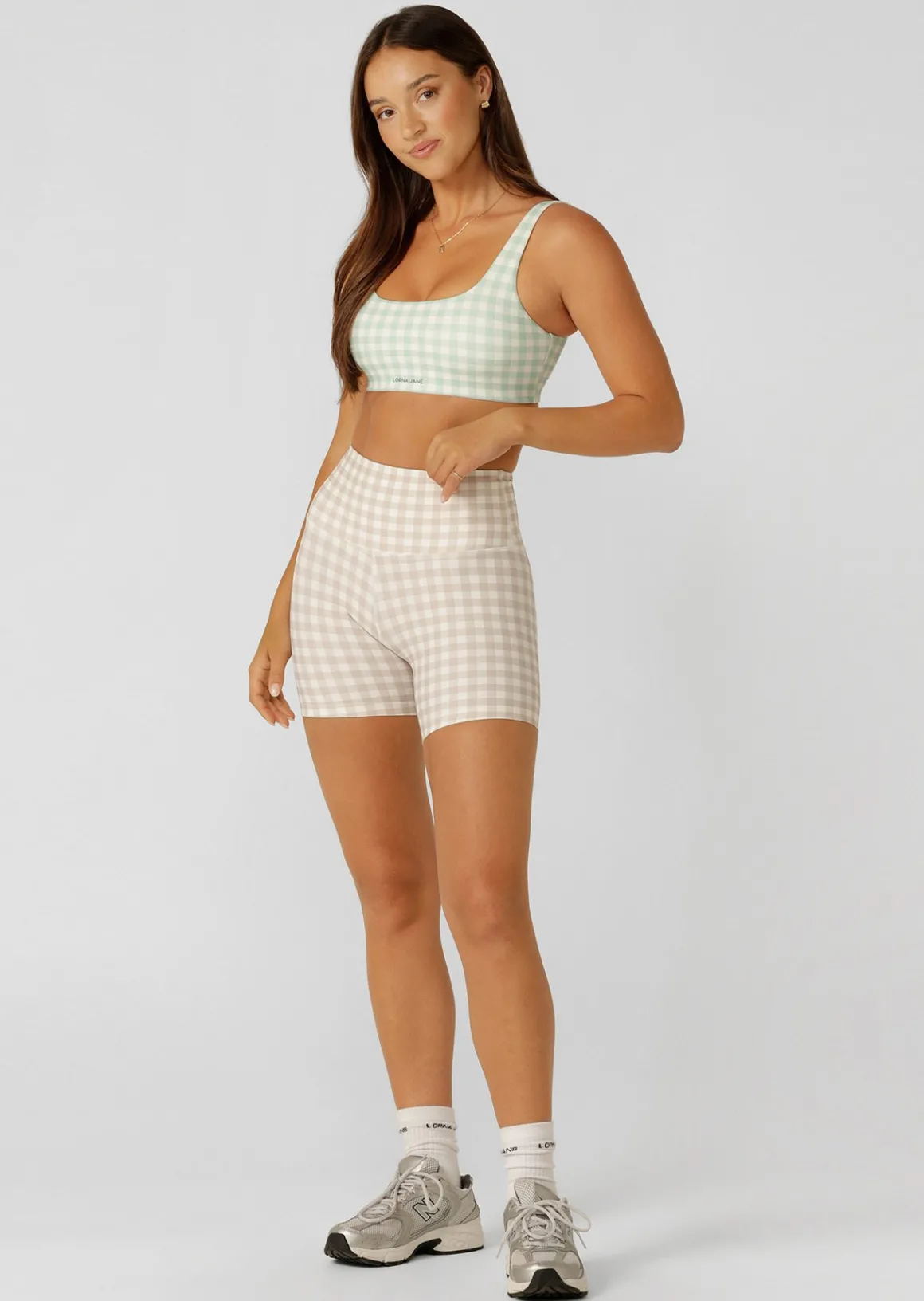 Lorna Jane Sweet Gingham 14cm Bike Shorts LatteRanchGinghamPrint